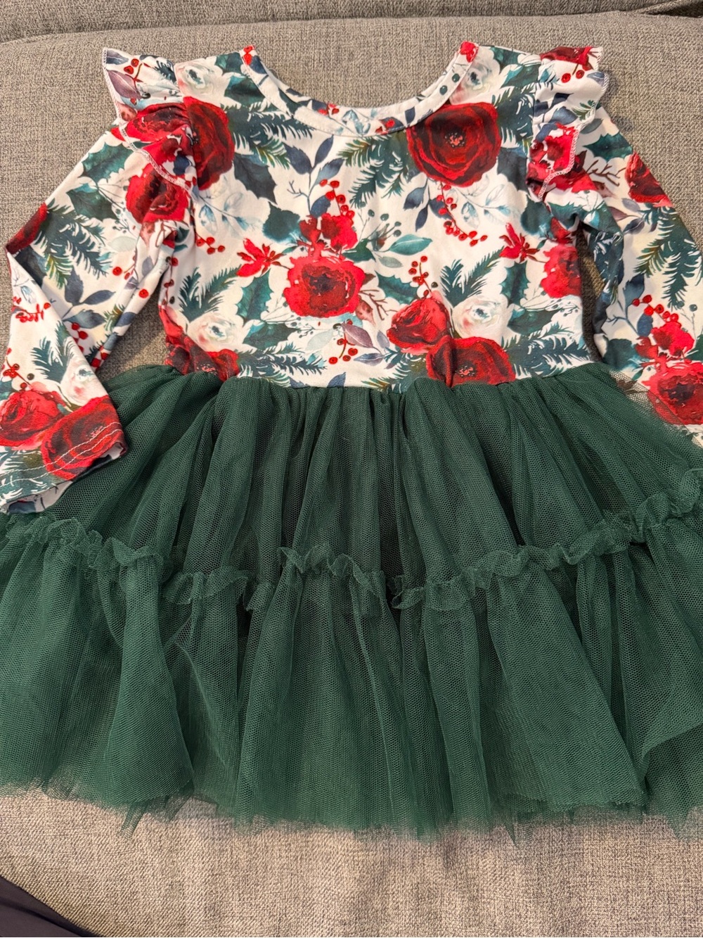Red, White & Green Floral 3 layers of green Tulle Dress for the Holidays Small